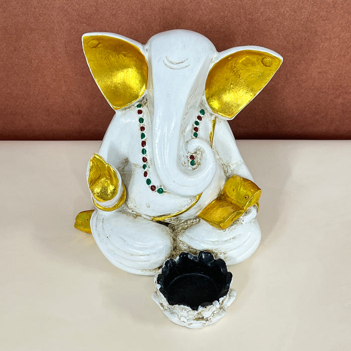 Handcrafted Lord Ganesha Tealight Candle Holder | White & Gold Ganesh Idol for Home Décor