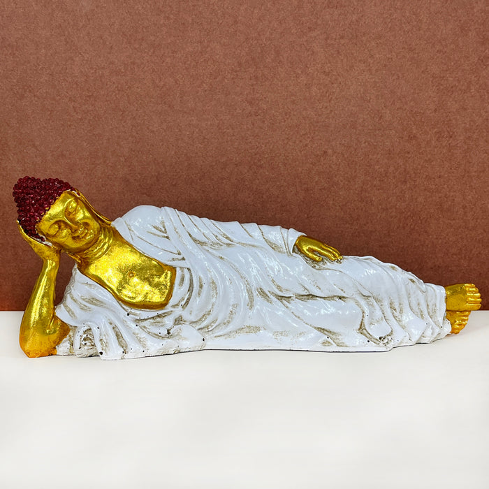 Handcrafted Reclining Buddha Statue | White & Gold Decorative Buddha Idol for Home & Office
