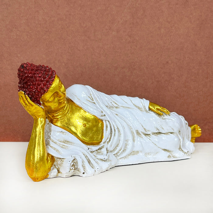 Handcrafted Reclining Buddha Statue | White & Gold Decorative Buddha Idol for Home & Office