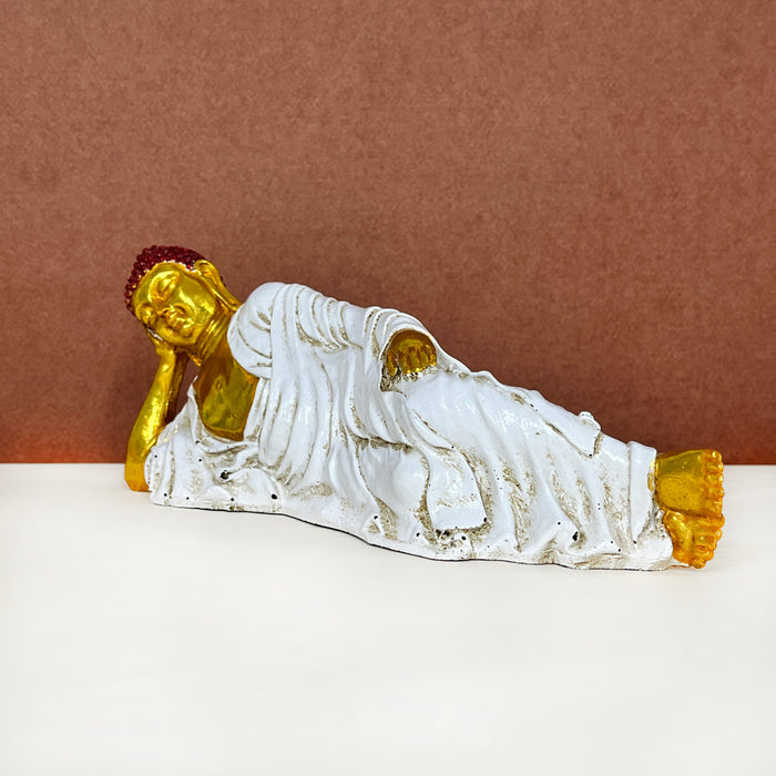 Handcrafted Reclining Buddha Statue | White & Gold Decorative Buddha Idol for Home & Office