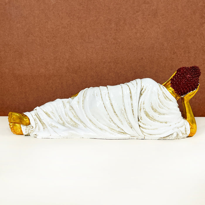 Handcrafted Reclining Buddha Statue | White & Gold Decorative Buddha Idol for Home & Office