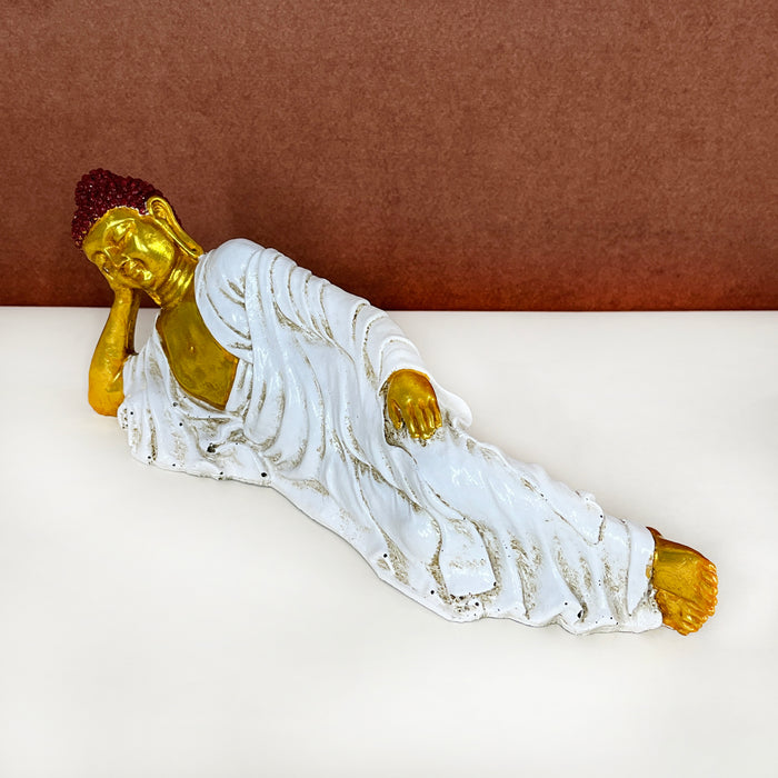 Handcrafted Reclining Buddha Statue | White & Gold Decorative Buddha Idol for Home & Office