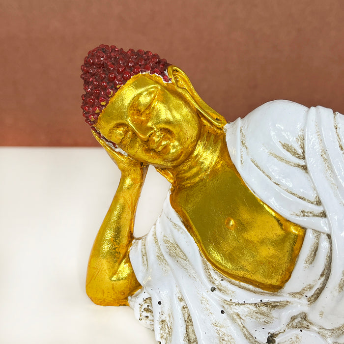 Handcrafted Reclining Buddha Statue | White & Gold Decorative Buddha Idol for Home & Office