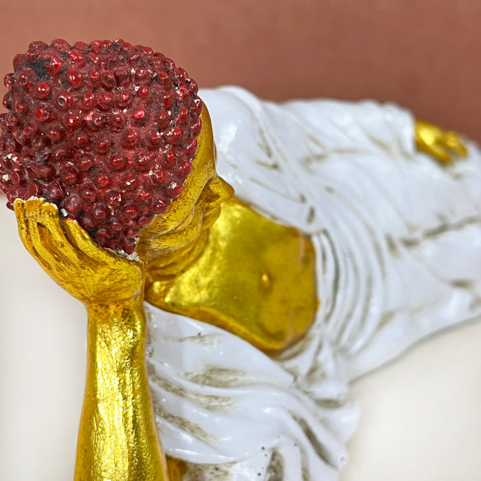 Handcrafted Reclining Buddha Statue | White & Gold Decorative Buddha Idol for Home & Office