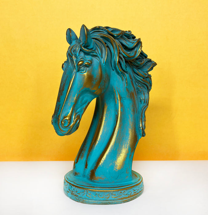 Exquisite Sea Green and Gold Wooden Horse Face Sculpture