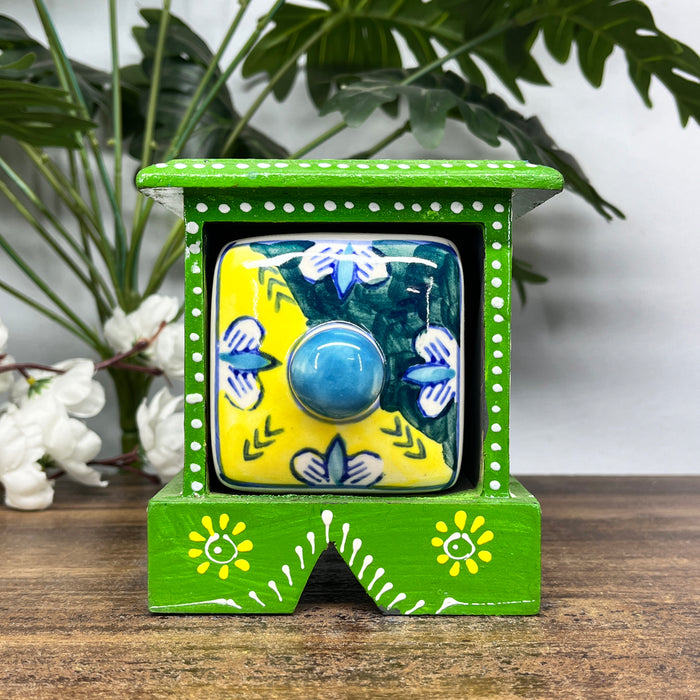 Handcrafted Wooden Mini Cabinet with Ceramic Drawer | Decorative Storage Organizer