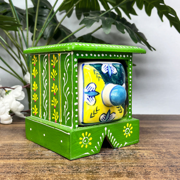 Handcrafted Wooden Mini Cabinet with Ceramic Drawer | Decorative Storage Organizer