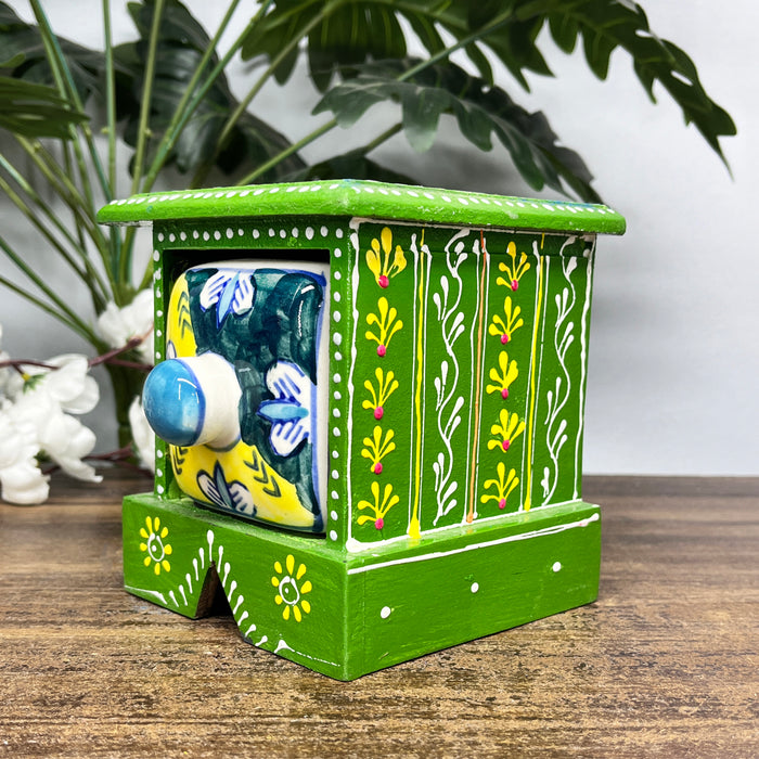 Handcrafted Wooden Mini Cabinet with Ceramic Drawer | Decorative Storage Organizer
