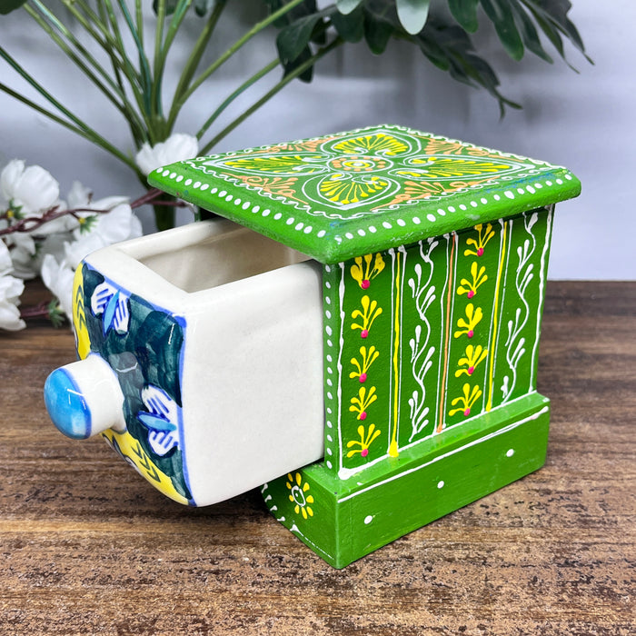 Handcrafted Wooden Mini Cabinet with Ceramic Drawer | Decorative Storage Organizer
