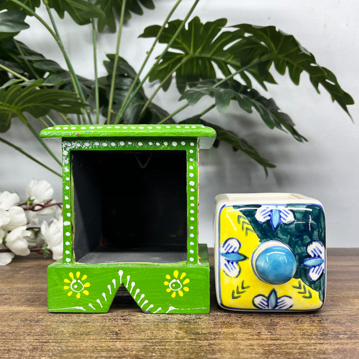 Handcrafted Wooden Mini Cabinet with Ceramic Drawer | Decorative Storage Organizer