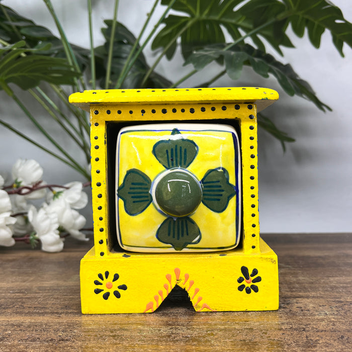 Handcrafted Wooden Mini Cabinet with Ceramic Drawer | Decorative Storage Organizer