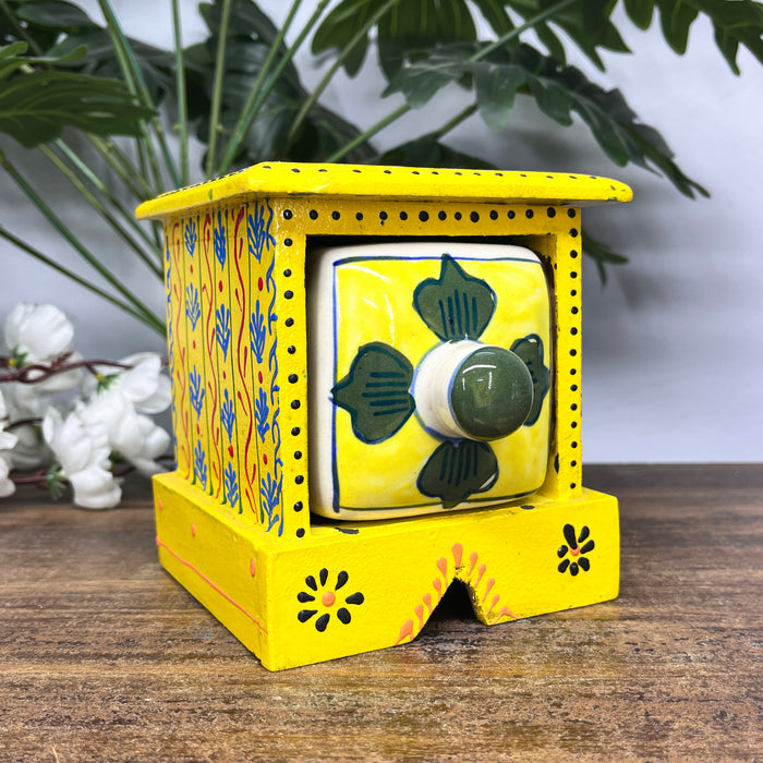 Handcrafted Wooden Mini Cabinet with Ceramic Drawer | Decorative Storage Organizer