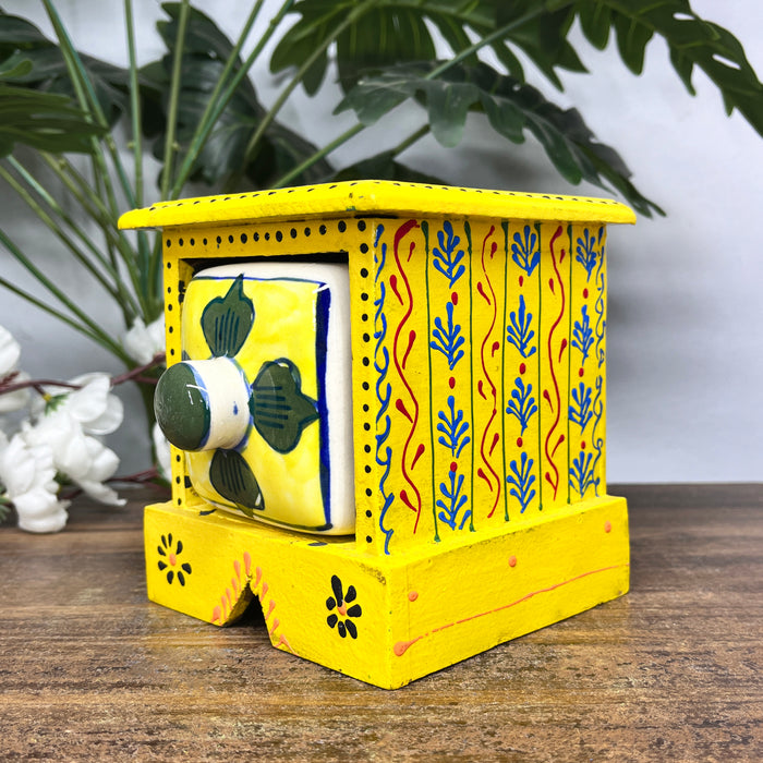 Handcrafted Wooden Mini Cabinet with Ceramic Drawer | Decorative Storage Organizer