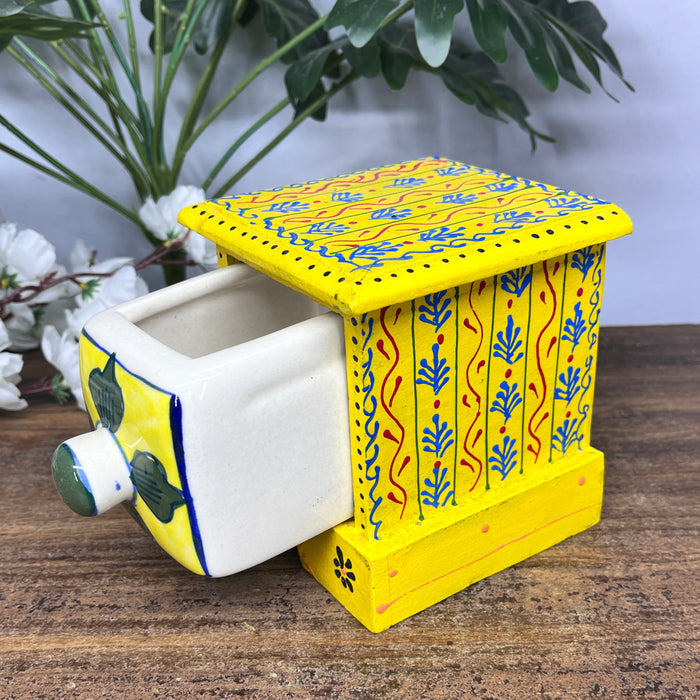 Handcrafted Wooden Mini Cabinet with Ceramic Drawer | Decorative Storage Organizer