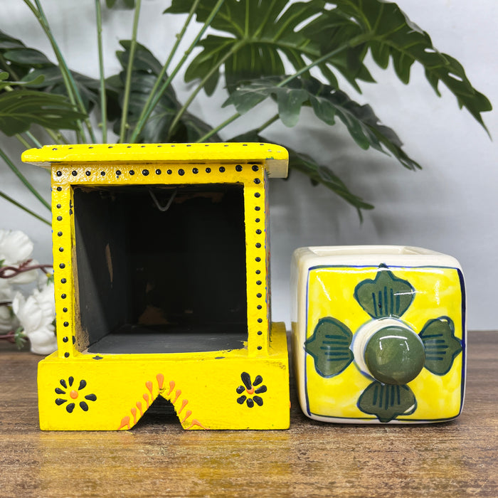 Handcrafted Wooden Mini Cabinet with Ceramic Drawer | Decorative Storage Organizer