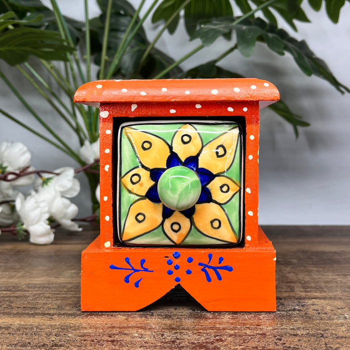 Handcrafted Wooden Mini Storage Drawer with Hand-Painted Ceramic Drawer | Decorative Organizer for Jewelry, Keys & Accessories