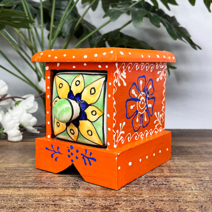 Handcrafted Wooden Mini Storage Drawer with Hand-Painted Ceramic Drawer | Decorative Organizer for Jewelry, Keys & Accessories