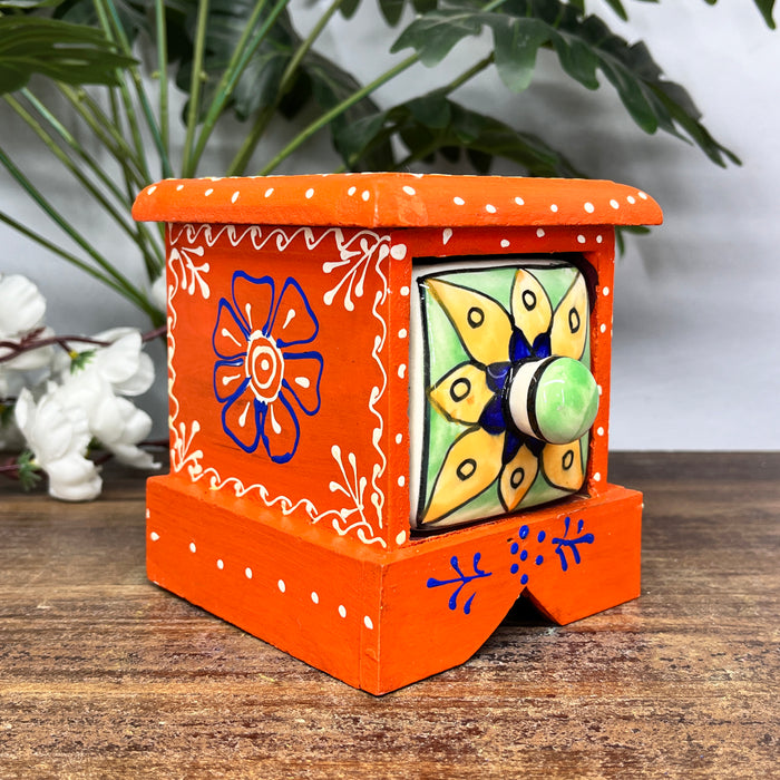 Handcrafted Wooden Mini Storage Drawer with Hand-Painted Ceramic Drawer | Decorative Organizer for Jewelry, Keys & Accessories