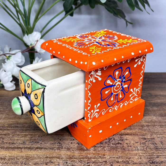 Handcrafted Wooden Mini Storage Drawer with Hand-Painted Ceramic Drawer | Decorative Organizer for Jewelry, Keys & Accessories