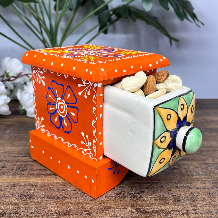 Handcrafted Wooden Mini Storage Drawer with Hand-Painted Ceramic Drawer | Decorative Organizer for Jewelry, Keys & Accessories