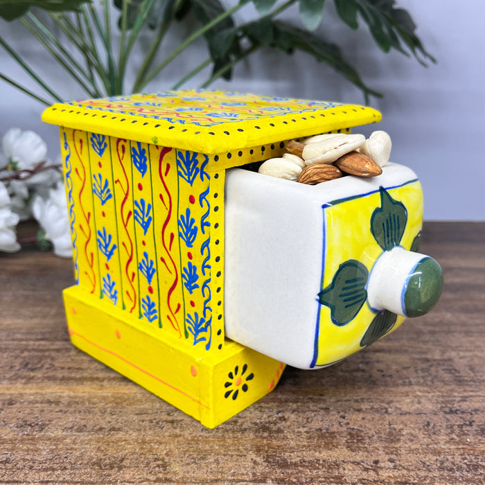 Handcrafted Wooden Mini Cabinet with Ceramic Drawer | Decorative Storage Organizer