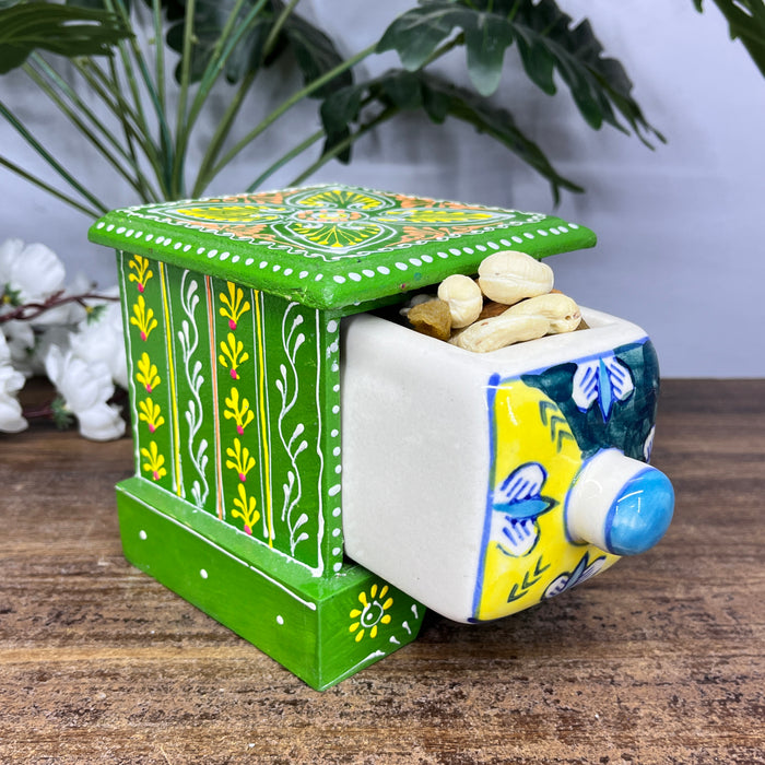 Handcrafted Wooden Mini Cabinet with Ceramic Drawer | Decorative Storage Organizer