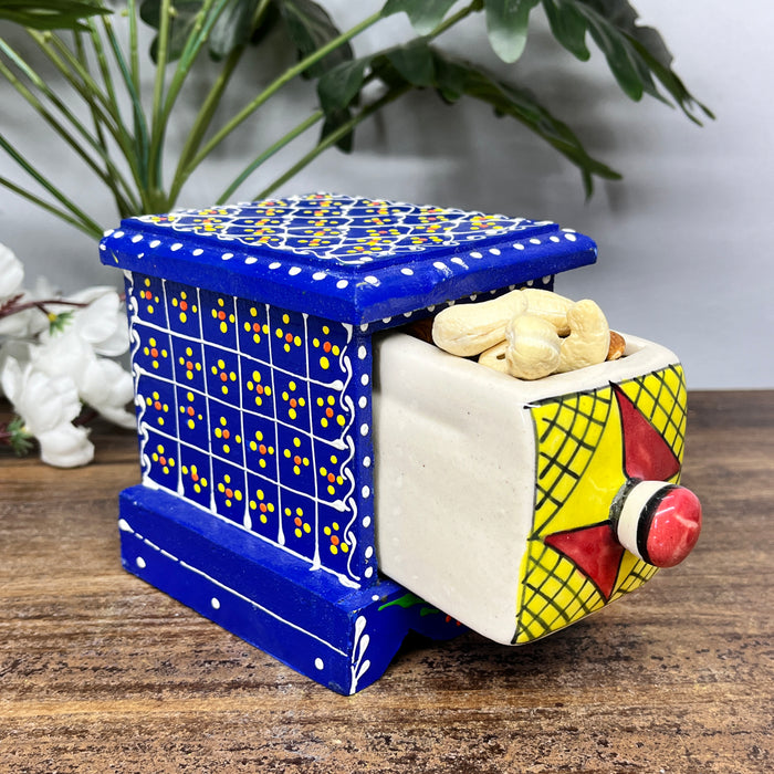 Hand-Painted Wooden Box with Colorful Ceramic Drawer – Unique Home Décor