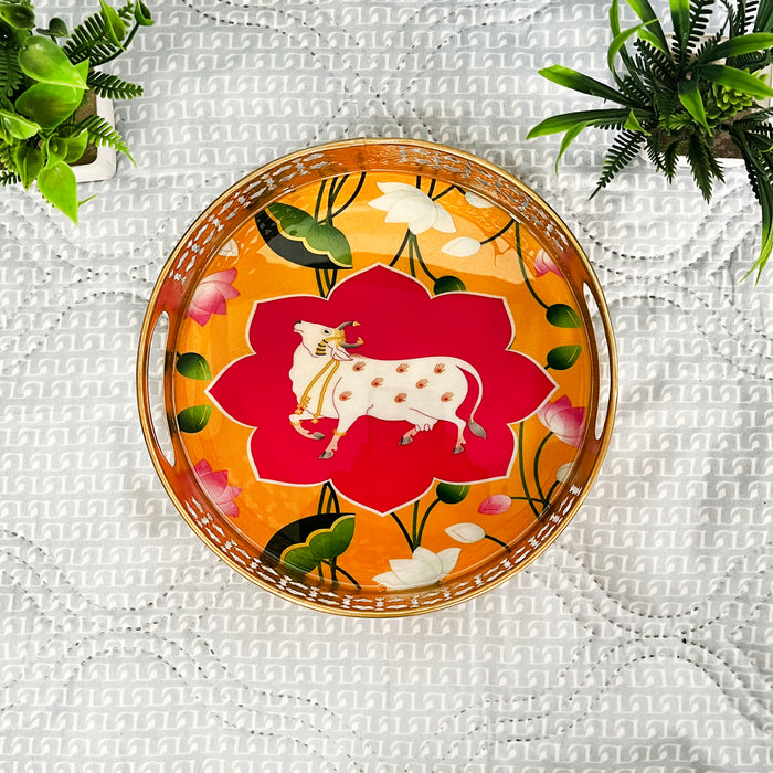 Handcrafted Kamdhenu Decorative Serving Tray | Round Wooden Tray with Handles