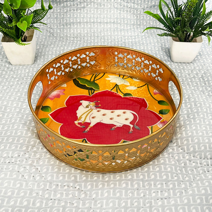 Handcrafted Kamdhenu Decorative Serving Tray | Round Wooden Tray with Handles