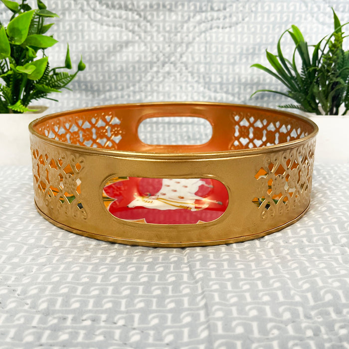 Handcrafted Kamdhenu Decorative Serving Tray | Round Wooden Tray with Handles