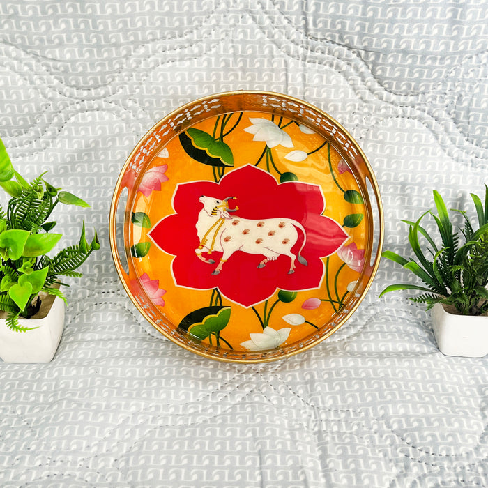 Handcrafted Kamdhenu Decorative Serving Tray | Round Wooden Tray with Handles
