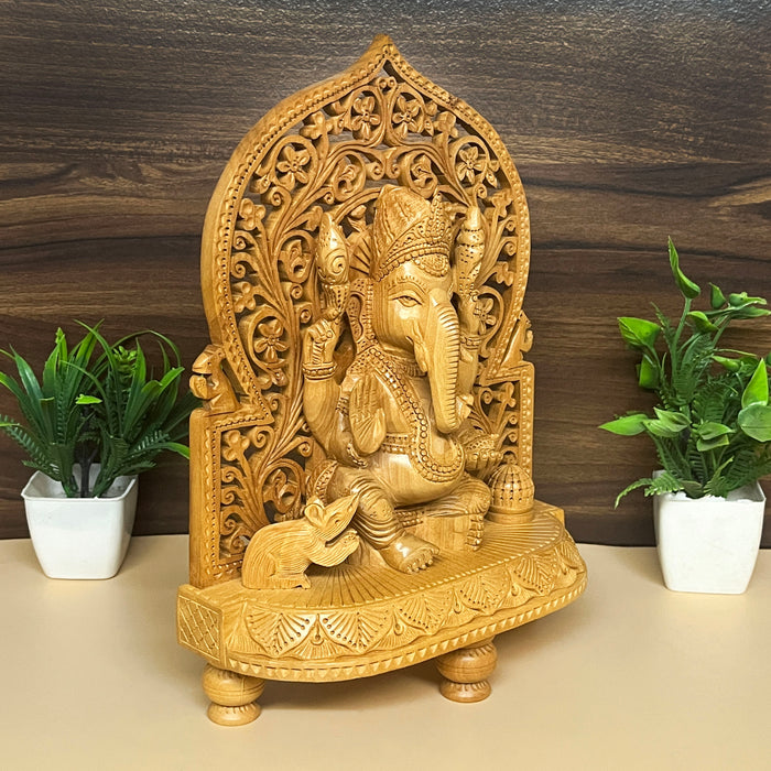 Handmade Wooden Jali Frame Sitting Lord Ganesha Staue