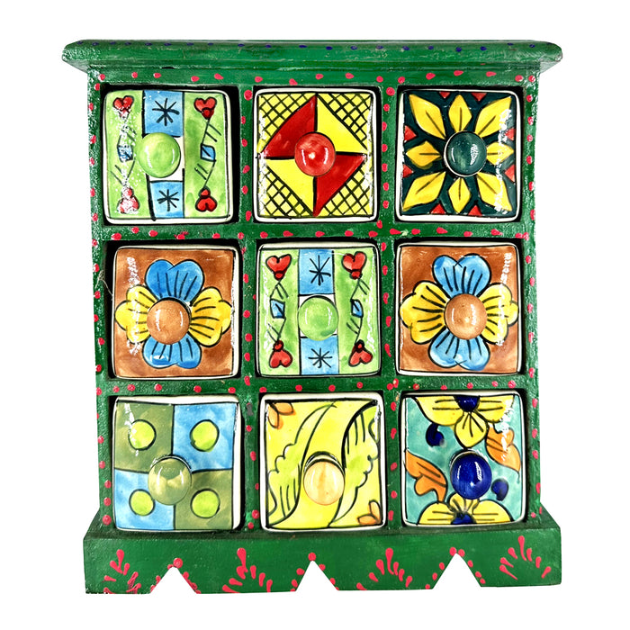 Boîte décorative à 9 tiroirs en bois et céramique - 25,4 cm
