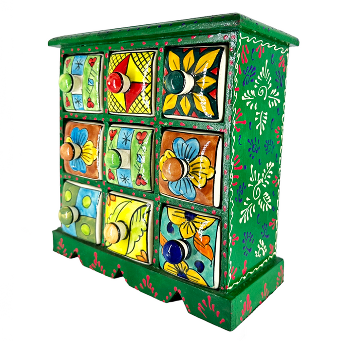 Boîte décorative à 9 tiroirs en bois et céramique - 25,4 cm