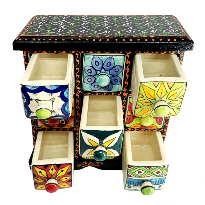 Wooden And Ceramic 9 Drawer Box Decorative Showpiece - 25.4 cm
