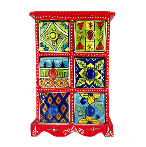Red Colour Wooden And Ceramic 6 Drawer Box Decorative Showpiece | Buy Now