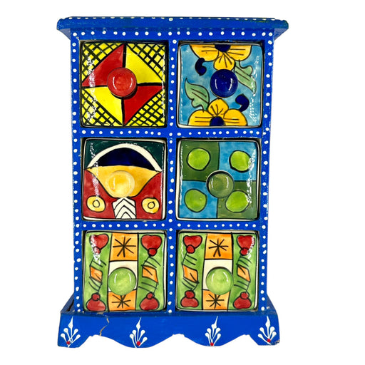 Premium Blue Wooden And Ceramic 6 Drawer Box Decorative Box | Buy Now