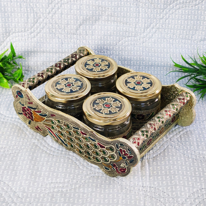 Handcrafted Peacock Dry Fruit Jar Set with Decorative Tray | Glass Storage Jars