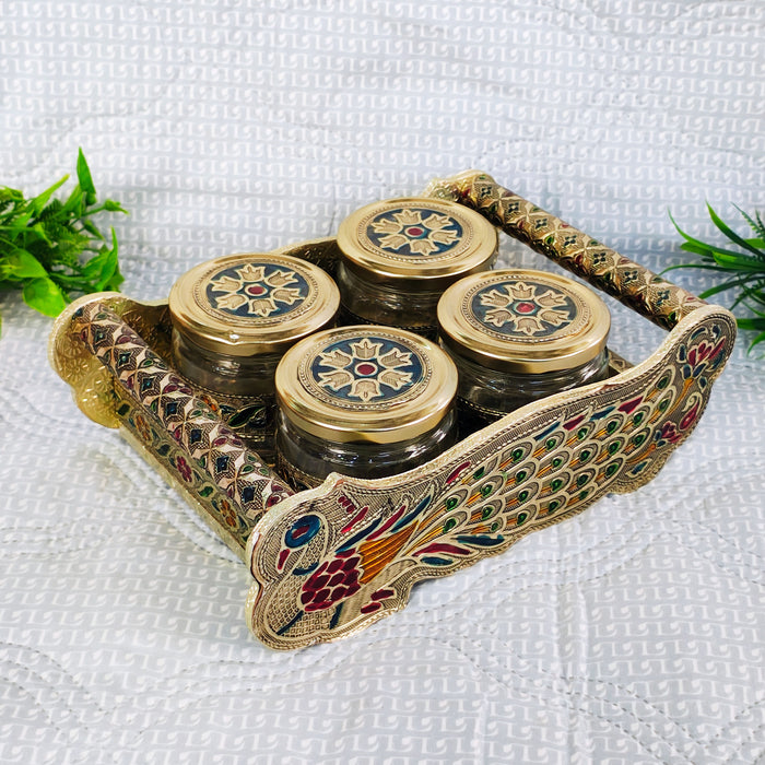 Handcrafted Peacock Dry Fruit Jar Set with Decorative Tray | Glass Storage Jars