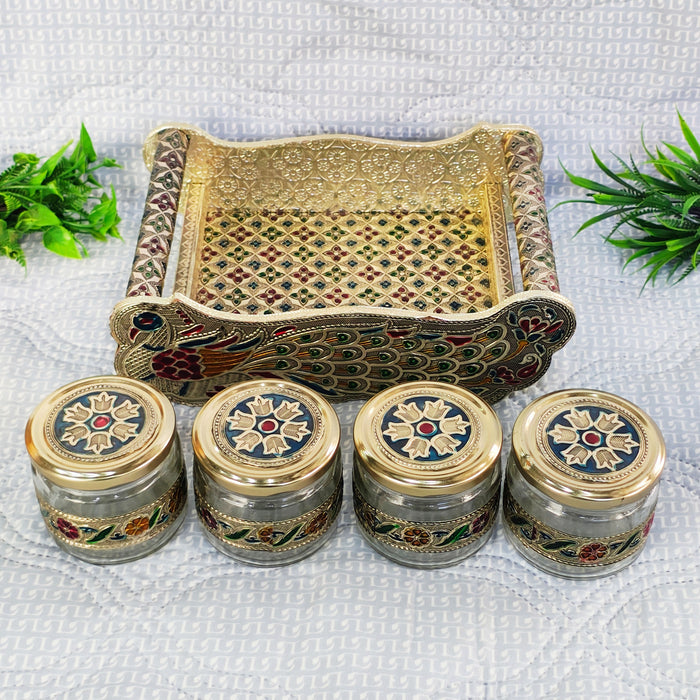 Handcrafted Peacock Dry Fruit Jar Set with Decorative Tray | Glass Storage Jars