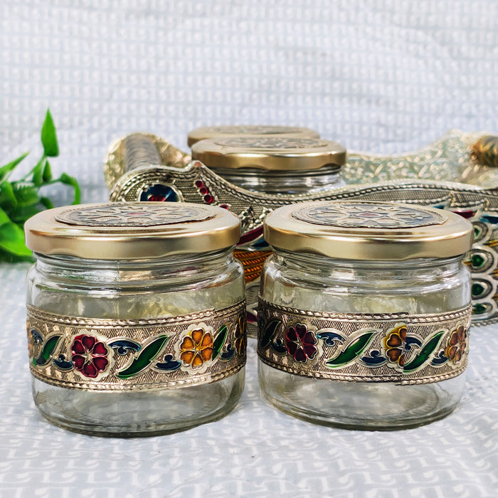 Handcrafted Peacock Dry Fruit Jar Set with Decorative Tray | Glass Storage Jars