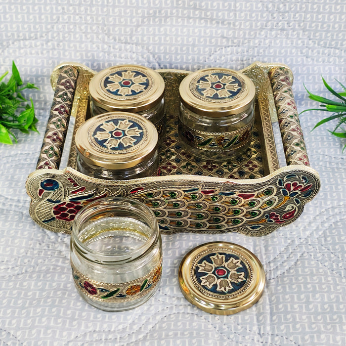 Handcrafted Peacock Dry Fruit Jar Set with Decorative Tray | Glass Storage Jars