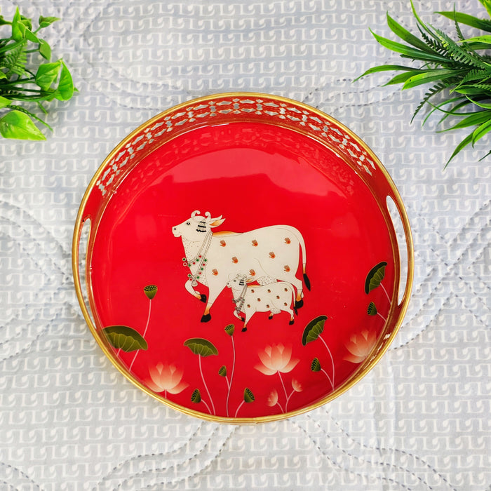 Handcrafted Kamdhenu Cow Decorative Serving Tray | Round Wooden Tea Serving Tray