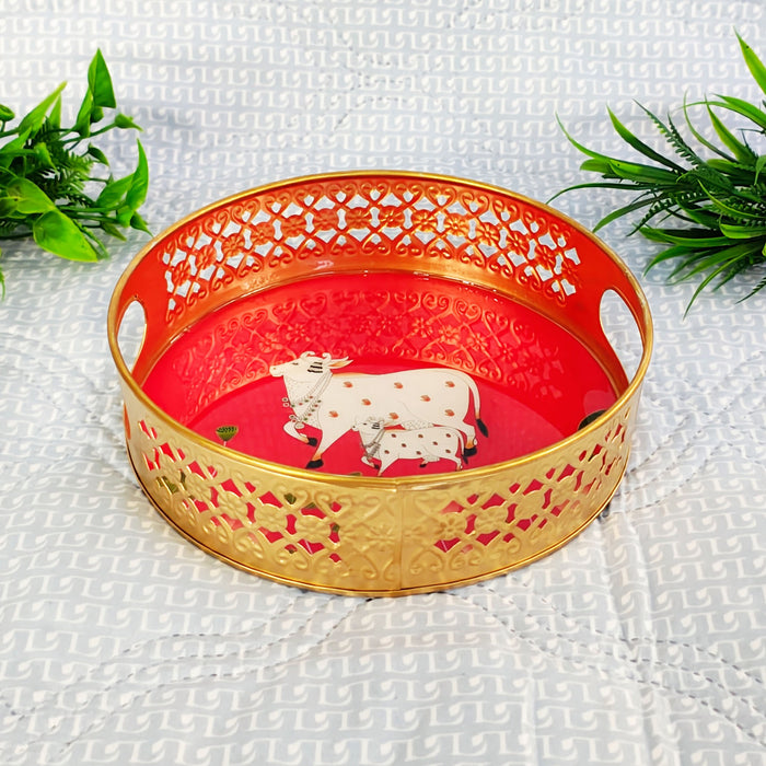 Handcrafted Kamdhenu Cow Decorative Serving Tray | Round Wooden Tea Serving Tray
