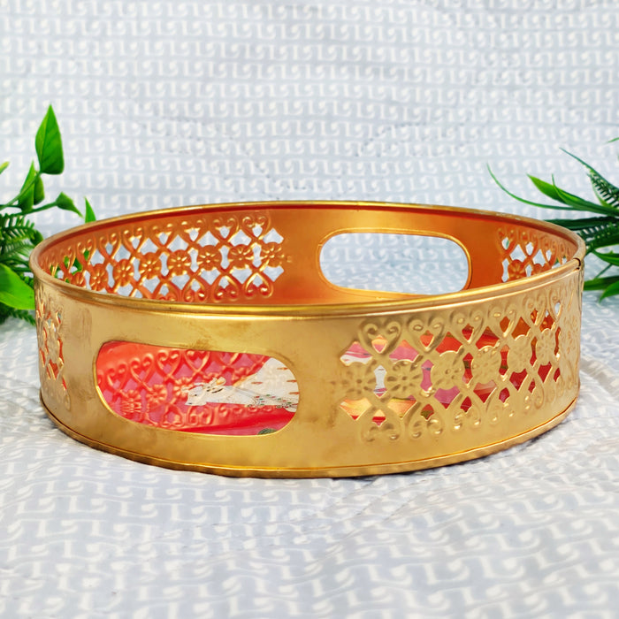 Handcrafted Kamdhenu Cow Decorative Serving Tray | Round Wooden Tea Serving Tray