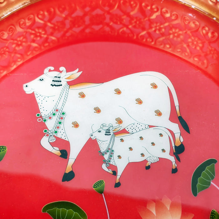 Handcrafted Kamdhenu Cow Decorative Serving Tray | Round Wooden Tea Serving Tray