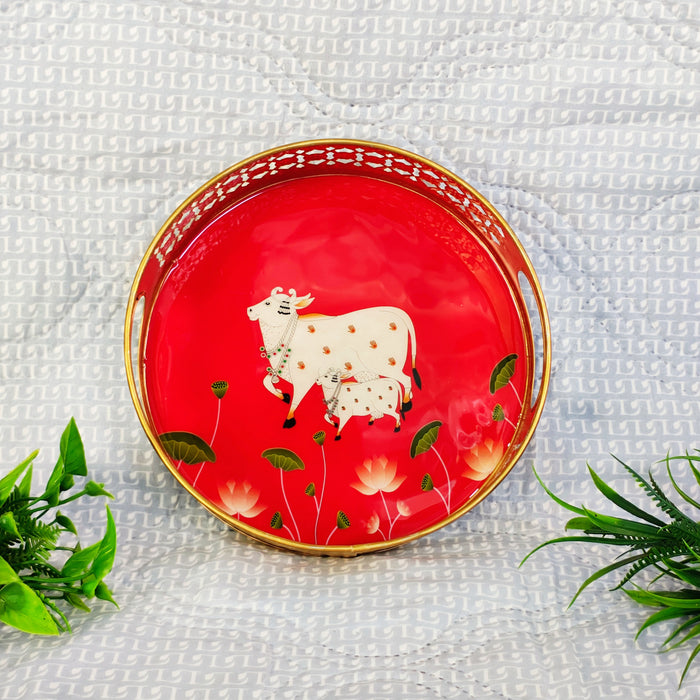 Handcrafted Kamdhenu Cow Decorative Serving Tray | Round Wooden Tea Serving Tray