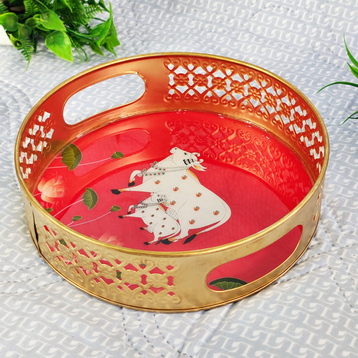 Handcrafted Kamdhenu Cow Decorative Serving Tray | Round Wooden Tea Serving Tray