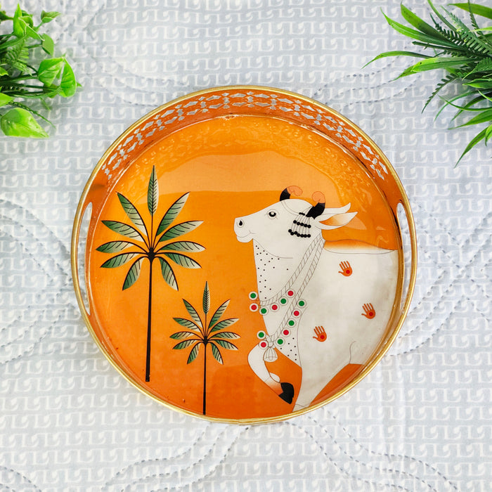 Handcrafted Kamdhenu Cow Decorative Serving Tray | Round Wooden Tea Serving Tray