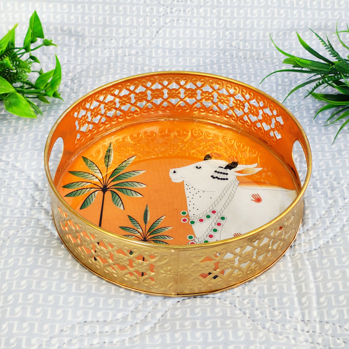 Pichwai Art Metal Tray with Orange Background – Decorative Cow Design